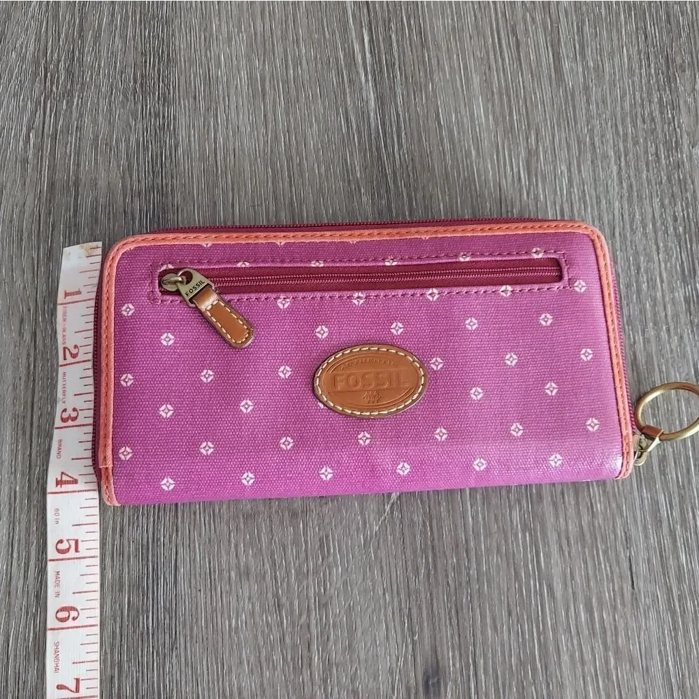 Fossil Magenta Coated Canvas Leather Trim Zip Around Credit Card Wallet